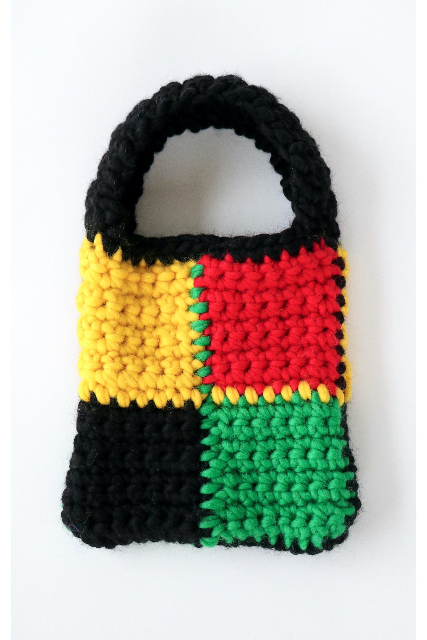 Rasta themed checkered crochet bag handmade with wool yarn.