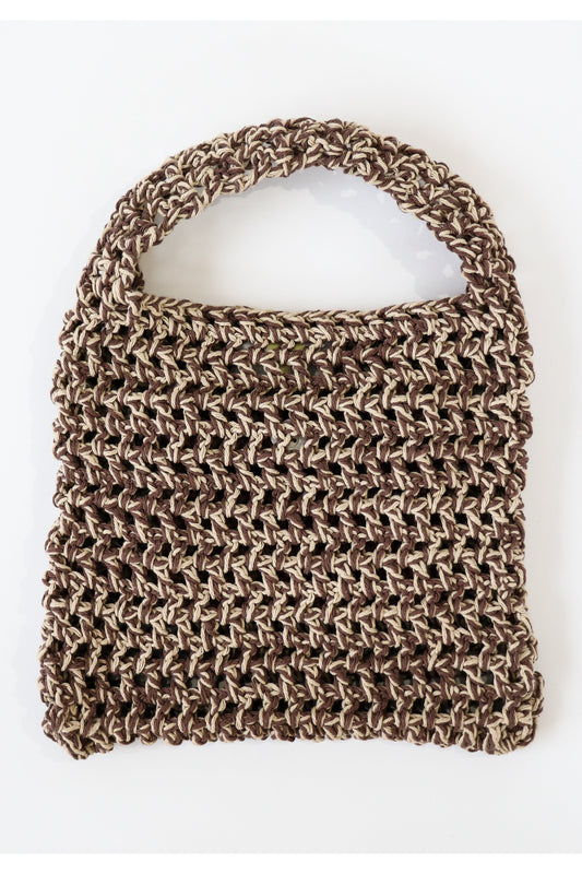 Front of Whiskey color way two-tone crochet fishnet tote bag handmade with cotton yarn.