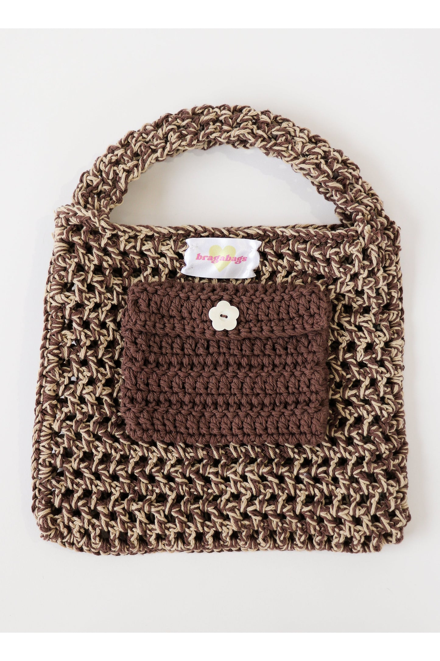 Inside of Whiskey color way two-tone crochet fishnet tote bag handmade with cotton yarn.